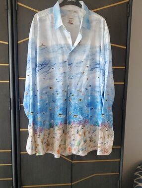 Haupt Ocean Print Button-Up Shirt in Blue and Cream Cotton